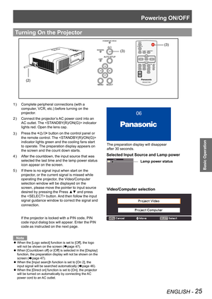 Page 25Powering ON/OFF
ENGLISH - 25
Basic Operation
Complete peripheral connections (with a 1 ) 
computer, VCR, etc.) before turning on the 
projector.
Connect the projector’s AC power cord into an 2 ) 
AC outlet. The  indicator 
lights red. Open the lens cap.
Press the 3 )  button on the control panel or 
the remote control. The  
indicator lights green and the cooling fans start 
to operate. The preparation display appears on 
the screen and the count down starts.
After the countdown, the input source that...