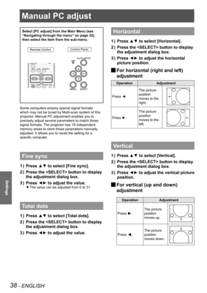 Page 38Manual PC adjust 
38 - ENGLISH
Settings
Manual PC adjust 
Select [PC adjust] from the Main Menu (see 
“Navigating through the menu” on page 32), 
then select the item from the sub-menu.
Remote ControlControl Panel
Some computers employ special signal formats 
which may not be tuned by Multi-scan system of this 
projector. Manual PC adjustment enables you to 
precisely adjust several parameters to match those 
signal formats. The projector has 10 independent 
memory areas to store those parameters...