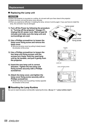 Page 58Replacement
58 - ENGLISH
Maintenance
 JReplacing the Lamp unit
CAUTION:
When the projector is mounted on a ceiling, do not work with your face close to the projector. z
Attach the lamp unit and the lamp cover securely. z
When you experience difficulty in installing the lamp, remove it and try again. If you use force to install the  z
lamp, the connector may be damaged.
Turn off the Power by following the procedure             1 ) 
in “Turning off the projector” (Æpage 27).            
Unplug the AC power...