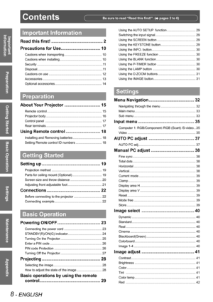 Page 88 - ENGLISH
Important 
 
Information
Preparation
Getting Started
Basic Operation
Settings
Maintenance
Appendix
ContentsBe sure to read “Read this first!”. ( pages 2 to 6)
Important Information
Read this first! ...........................................2
Precautions for Use.................................10
Cautions when transporting ..........................................10
Cautions when installing ...............................................10
Security...