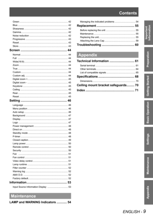 Page 9ENGLISH - 9
Important 
 
Information
Preparation
Getting Started
Basic Operation
Settings
Maintenance
Appendix
Green ...........................................................................\
42
Blue  ..............................................................................42
Sharpness  ....................................................................42
Gamma .........................................................................42
Noise reduction...