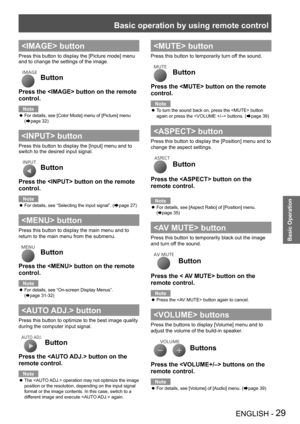 Page 29Basic operation by using remote control
ENGLISH - 29
Basic Operation
 button
Press this button to display the [Picture mode] menu 
and to change the settings of the image.
 Button
Press the  button on the remote 
control.
Note
For details, see [Color Mode] menu of [Picture] menu  z
(Æpage 32)
 button
Press this button to display the [Input] menu and to 
switch to the desired input signal.
 Button
Press the  button on the remote 
control.
Note
For details, see “Selecting the input signal”. ( zÆpage 27)...