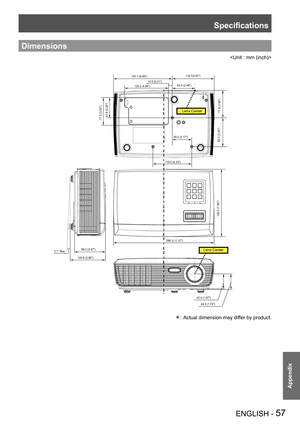 Page 57Specifications
ENGLISH - 57
Appendix
Dimensions

Lens Center
Lens Center
42.4 (1.67)44.3 (1.74)
88.2 (3.47)
100.6 (3.96)
3.7° Max. 286.3 (1
1.27)
192.0 (7.56)
110.0 (4.33) 55.0 (2.17)
82.3 (3.24)
77.8 (3.06)
57.8 (2.28)
77.0 (3.03)
167.7 (6.60)
11
8.7(4.67)
63.0 (2.48)
10.5 (0.41)
125.5 (4.94)
Actual dimension may differ by product.:  