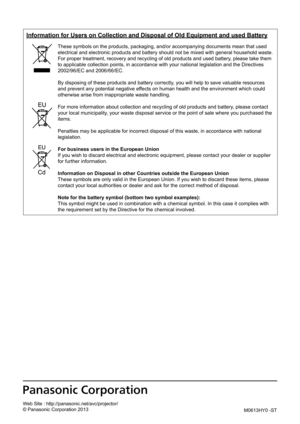 Page 60M0613HY0 -ST
Information for Users on Collection and Disposal of Old Equipment and us\
ed Battery
These symbols on the products, packaging, and/or accompanying documents mean that used 
electrical and electronic products and battery should not be mixed with general household waste. 
For proper treatment, recovery and recycling of old products and used ba\
ttery, please take them 
to applicable collection points, in accordance with your national legislation and the Directives 
2002/96/EC and 2006/66/EC....