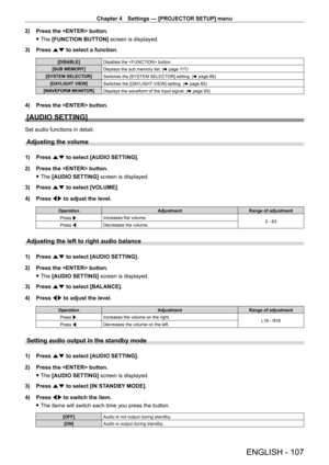 Page 107Chapter 4 Settings — [PROJECTOR SETUP] menu
ENGLISH - 107
2) Press the  button.
 fThe 

[FUNCTION BUTTON] screen is displayed.
3)
 
Press 
 as to select a function.
[DISABLE] Disables the  button.
[SUB MEMORY] Displays the sub memory list. ( x
  page   117)
[SYSTEM SELECTOR] Switches the [SYSTEM SELECTOR] setting. (x
  page   66)
[DAYLIGHT VIEW] Switches the [DAYLIGHT VIEW] setting. ( x
  page   65)
[WAVEFORM MONITOR] Displays the waveform of the input signal. ( x
  page   93)
4) Press the  button....