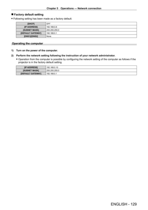 Page 129Chapter 5 Operations — Network connection
ENGLISH - 129
 rFactory default setting
 fFollowing setting has been made as a factory default.
[DHCP] OFF
[IP ADDRESS]  192.168.0.8
[SUBNET MASK] 255.255.255.0
[DEFAULT GATEWAY] 192.168.0.1
[DNS1]/[DNS2] None
Operating the computer
1) Turn on the power of the computer.
2)
 
Perform the network setting following the instruction of your network ad\
ministrator
 .
 fOperation from the computer is possible by configuring the network setting of the computer as...