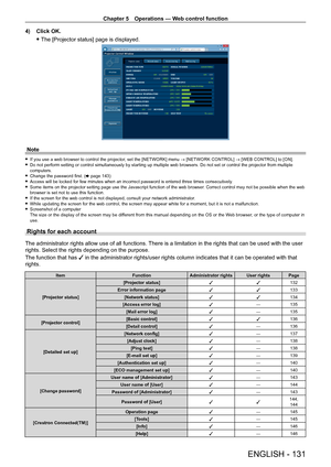 Page 131Chapter 5 Operations — Web control function
ENGLISH - 131
4) Click OK.
 fThe [Projector status] page is displayed.
Note
 f If you use a web browser to control the projector , set the [NETWORK] menu → [NETWORK CONTROL] → [WEB CONTROL] to [ON]. fDo not perform setting or control simultaneously by starting up multiple web browsers. Do not set or control the projector from multiple 
computers.
 fChange the password first. ( x

  page   143)
 fAccess will be locked for few minutes when an incorrect password...