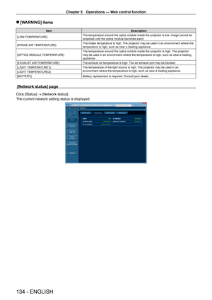 Page 134Chapter 5 Operations — Web control function
134 - ENGLISH
 r[WARNING] items
Item Description
[LOW-TEMPERATURE] The temperature around the optics module inside the projector is low
. Image cannot be 
projected until the optics module becomes warm.
[INTAKE AIR TEMPERATURE] The intake temperature is high. The projector may be used in an environment where the 
temperature is high, such as near a heating appliance.
[OPTICS MODULE TEMPERATURE] The temperature around the optics module inside the projector is...