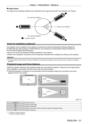 Page 31Chapter 2 Getting Started — Setting up
ENGLISH - 31
 rAngle sensor
The range of the installation attitude that is detected by the angle sensor built-in the projector is as follows.
30° 30°
Floor standing installation
Floor standing installation
Projection direction Ceiling mount installation
Parts for installation (optional)
The projector can be installed on the ceiling by combining the optional Ceiling Mount Bracket (Model No.: 
ET
-

PKD120H (for High Ceilings), ET
-
 PKD120S (for Low Ceilings)) and...