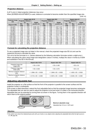 Page 33Chapter 2 Getting Started — Setting up
ENGLISH - 33
Projection distance
A ±5 % error in listed projection distances may occur.
When [SCREEN  ADJUSTMENT] is used, distance is corrected to become smaller than the specified image size. (Unit: m)
Projected image size Aspect ratio 16:10
Aspect ratio 16:9Aspect ratio 4:3
Projection distance 
(L) Height 
position (H) Projection distance 
(L) Height 
position (H) Projection distance 
(L) Height 
position (H)
Diagonal (SD) Min.
(LW) Max.
(LT) Min.
(LW) Max.
(LT)...