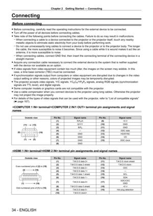 Page 34Chapter 2 Getting Started — Connecting
34 - ENGLISH
Connecting
Before connecting
 fBefore connecting, carefully read the operating instructions for the external device to be connected.
 fT

urn off the power of all devices before connecting cables.
 fT

ake note of the following points before connecting the cables. Failure to do so may result in malfunctions.
 g When connecting a cable to a device connected to the projector or the projector itself, touch any nearby 
metallic objects to eliminate static...