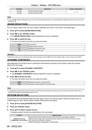 Page 66Chapter 4 Settings — [PICTURE] menu
66 - ENGLISH
OperationAdjustmentRange of adjustment
Press w. Contours become sharper.
0 - +15
Press q. Contours become softer.
Note
 f
If you press  w while the adjustment value is [+15], the value will become [0]. If you press  q while the adjustment value is [0], the value will 
become [+15].
[NOISE REDUCTION]
You can reduce noises when the input image is degraded and noise is occur\
ring in the image signal.
1)
 
Press 
 as to select [NOISE REDUCTION].
2)
 
Press...