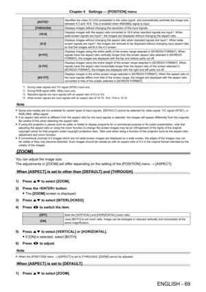 Page 69Chapter 4 Settings — [POSITION] menu
ENGLISH - 69
[AUTO]*2Identifies the video ID (VID) embedded in the video signal, and automatically switches the image size 
between 4:3 and 16:9. This is enabled when 480i/480p signal is input.
[THROUGH] Displays images without changing the resolution of the input signals.
[16:9] Displays images with the aspect ratio converted to 16:9 when standard signals are input
*3. When 
wide-screen signals are input*4, the images are displayed without changing the aspect ratio....