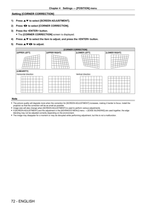 Page 72Chapter 4 Settings — [POSITION] menu
72 - ENGLISH
Setting [CORNER CORRECTION]
1) Press as to select [SCREEN ADJUSTMENT].
2)  
Press 
 qw to select [CORNER CORRECTION].
3)
 
Press the  button.
 fThe 

[CORNER CORRECTION] screen is displayed.
4)
 
Press 
 as to select the item to adjust, and press the  button.
5)
 
Press 
 asqw to adjust.
[CORNER CORRECTION]
[UPPER LEFT]
[UPPER RIGHT][LOWER LEFT][LOWER RIGHT]
[LINEARITY]
Horizontal direction
Vertical direction
Note
 f The picture quality will degrade more...