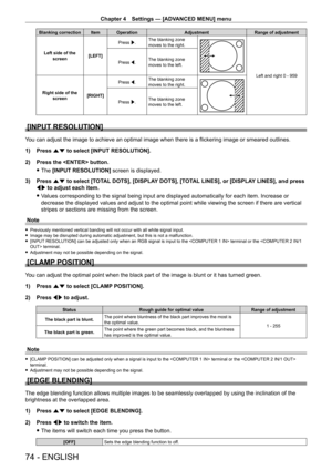 Page 74Chapter 4 Settings — [ADVANCED MENU] menu
74 - ENGLISH
Blanking correction Item OperationAdjustmentRange of adjustment
Left side of the  screen [LEFT]Press w.
The blanking zone 
moves to the right.
Left and right 0 - 959
Press q.
The blanking zone 
moves to the left.
Right side of the  screen [RIGHT]Press q.
The blanking zone 
moves to the right.
Press w.The blanking zone 
moves to the left.
[INPUT RESOLUTION]
You can adjust the image to achieve an optimal image when there is a flickering image or...