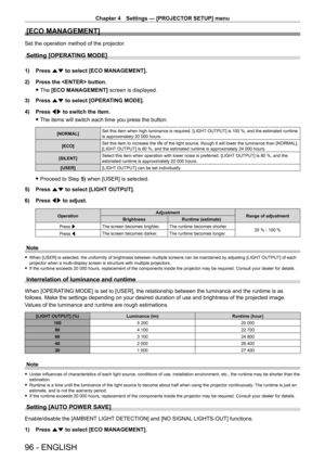 Page 96Chapter 4 Settings — [PROJECTOR SETUP] menu
96 - ENGLISH
[ECO MANAGEMENT]
Set the operation method of the projector.
Setting [OPERATING MODE]
1) Press as to select [ECO MANAGEMENT].
2)  
Press the  button.
 fThe 

[ECO MANAGEMENT] screen is displayed.
3)
 
Press 
 as to select [OPERATING MODE].
4)
 
Press 
 qw to switch the item.
 fThe items will switch each time you press the button.
[NORMAL] Set this item when high luminance is required. [LIGHT OUTPUT] is 100   %, and the estimated runtime 
is...