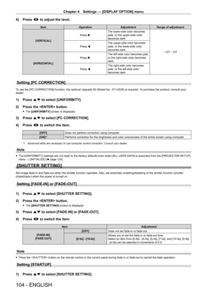 Page 104Chapter 4 Settings — [DISPLAY OPTION] menu
104 - ENGLISH
4) Press qw to adjust the level.
Item Operation AdjustmentRange of adjustment
[VERTICAL] Press w.
The lower-side color becomes 
pale, or the upper-side color 
becomes dark.
-127 - 127
Press q.
The upper-side color becomes 
pale, or the lower-side color 
becomes dark.
[HORIZONTAL] Press w.
The left-side color becomes pale, 
or the right-side color becomes 
dark.
Press q. The right-side color becomes 
pale, or the left-side color 
becomes dark....