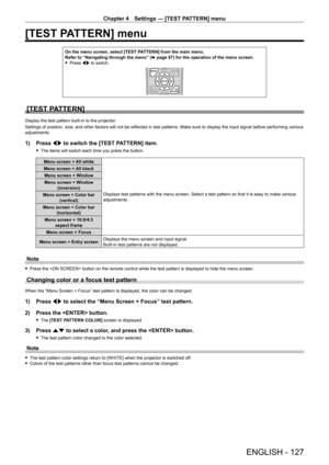 Page 127Chapter 4 Settings — [TEST PATTERN] menu
ENGLISH - 127
[TEST PATTERN] menu
On the menu screen, select [TEST PATTERN] from the main menu.
Refer to “Navigating through the menu” (x
  page   67) for the operation of the menu screen.
 fPress 

qw to switch.
[TEST PATTERN]
Display the test pattern built-in to the projector.
Settings of position, size, and other factors will not be reflected in test patterns. Make sure to display the input signal before performing various 
adjustments.
1) Press  qw to switch...
