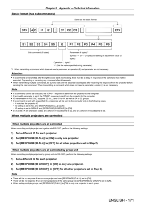 Page 171Chapter 6 Appendix — Technical information
ENGLISH - 171
Basic format (has subcommands)
Parameter (6 bytes)*1
Symbol “+” or “–” (1 byte) and setting or adjustment va\
lue (5 
bytes)
Operation (1 byte)
*1
“=” (Set the value specified using parameter)
Sub command (5 bytes) Same as the basic format
*1 When transmitting a command which does not need a parameter
, an operation (E) and parameter are not necessary.
Attention
 fIf a command is transmitted after the light source starts illuminating, \
there may...