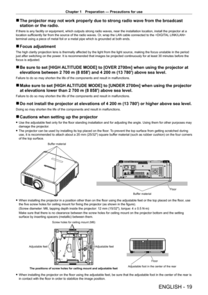 Page 19Chapter 1 Preparation — Precautions for use
ENGLISH - 19
 rThe projector may not work properly due to strong radio wave from the broadcast 
station or the radio.
If there is any facility or equipment, which outputs strong radio waves,\
 near the installation location, install the projector at a 
location sufficiently far from the source of the radio waves. Or, wrap the LAN cable connected to the  
terminal using a piece of metal foil or a metal pipe which is grounded a\
t both ends.
 rFocus adjustment...