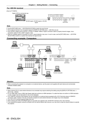 Page 48Chapter 2 Getting Started — Connecting
48 - ENGLISH
For  terminal
(Only for PT-RZ670)
SD-SDI signal, HD-SDI signal or 3G-SDI 
signal
Digital VCR for commercial use
Note
 f
Use the [PICTURE] menu  → [SYSTEM SELECTOR] to switch the input format. fSome external devices to be connected require the [DISPLA
Y OPTION] menu → [SDI IN] to be set.
 fUse a 5CFB or higher (such as 5CFB, or 7CFB) or a Belden 1694A

 or higher connection cable to properly transmit images. Use a 
connection cable of 100
  m...