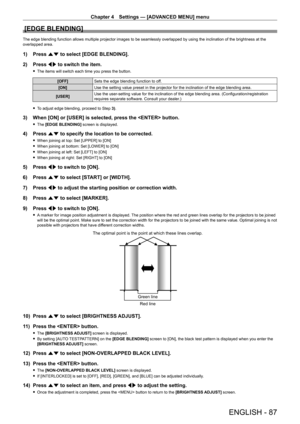 Page 87Chapter 4 Settings — [ADVANCED MENU] menu
ENGLISH - 87
[EDGE BLENDING]
The edge blending function allows multiple projector images to be seamle\
ssly overlapped by using the inclination of the brightness at the 
overlapped area.
1) Press as to select [EDGE BLENDING].
2)  
Press 
 qw to switch the item.
 fThe items will switch each time you press the button.
[OFF] Sets the edge blending function to off.
[ON] Use the setting value preset in the projector for the inclination of the edge blending area....