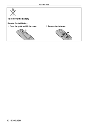 Page 1010 - ENGLISH
Read this first!
To remove the battery
Remote Control Battery
1.
 P
 ress the guide and lift the cover.
(ii)(i)
2. Remove the batteries.  