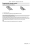 Page 27Chapter 1 Preparation — Preparing the remote control
ENGLISH - 27
Preparing the remote control
Inserting and removing the batteries
(ii)(i)
Fig. 1Fig. 2
1) Open the cover. (Fig. 1)
2)  
Insert the batteries and close the cover (insert the 
 m side first). (Fig. 2)
 fWhen removing the batteries, perform the steps in reverse order .
When using the multiple projectors
When you use the multiple projectors together, you can control all the projectors simultaneously or each projector in\
dividually using...