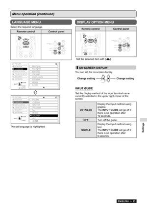 Page 33Settings
ENGLISH  33
Menu operation (continued)
LANGUAGE MENU
Select the required language.
Remote controlControl panel
MENURETURN
EN TE R
FR EE ZEA V
M UTE
C O M PUTERVID EO
D EFA ULT
FUNCT IO NWIN .INDE X-
M ENU
EN TE R
MENUFUNCTION
ENTER INPUT
SELECTLAMP
STANDBY 
(R)ON (G)
TEMPMENU
ENTER
M
ENURETURN
EN TE R
FR EE ZEA V
M UTE
C O M PUTERVID EO
D EFA ULT
FUNCT IO NWIN .INDE X-
M ENU
EN TE R
MENUFUNCTION
ENTER INPUT
SELECTLAMP
STANDBY 
(R)ON (G)
TEMPMENU
ENTER
PICTURE
POSITION
DISPLA
Y OPTION
PROJECT OR...