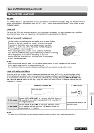 Page 45Maintenance
ENGLISH  45
Care and Replacement (continued)
REPLACE THE LAMP UNIT
Air filter
The air filter should be replaced when cleaning is ineffective and when replacing the lamp unit. A replacement air 
filter is provided with a replacement lamp unit (ET-LAB2). Contact an Authorized Service Center for the air filter 
(TXFKN01VKN5).
Lamp unit
The lamp unit, ET-LAB2 is consumable and you must replace it regularly. It is recommended that a qualified 
technician carry the lamp unit replacement. Consult...