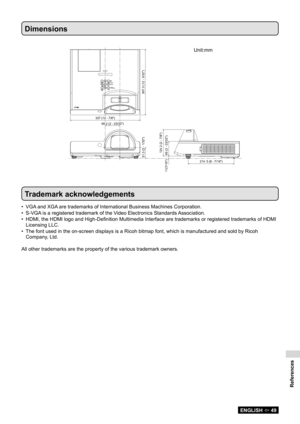 Page 49References
ENGLISH  49
Dimensions
327 (12 - 7/8)69.2 (2 - 23/32)
307.3 (12 - 3/32)
124.2 (2 - 7/8)
214.5 (8 - 7/16)51.3 (2 - 1/32)
69 (2 - 23/32)
11(7/16)
Trademark acknowledgements
VGA and XGA are trademarks of International Business Machines Corporation.
• 
S-VGA is a registered trademark of the Video Electronics Standards Association.
• 
HDMI, the HDMI logo and High-Definition Multimedia Interface are trademarks or registered trademarks of HDMI 
• 
Licensing LLC.
The font used in the on-screen...