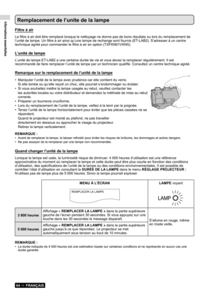 Page 64Informations essentielles
64  FRANÇAIS
Remplacement de l’unite de la lampe
Filtre à air
Le filtre à air doit être remplacé lorsque le nettoyage ne donne pas de bons résultats ou lors du remplacement de 
l’unité de lampe. Un filtre à air ainsi qu’une lampe de rechange sont fournis (ET-LAB2). S’adresser à un centre 
technique agréé pour commander le filtre à air en option (TXFKN01VKN5).
L’unité de lampe
L’unité de lampe ET-LAB2 a une certaine durée de vie et vous devez la remplacer régulièrement. Il est...