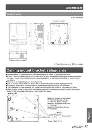 Page 77ENGLISH - 77
Appendix
Dimensions

77.5 (3.05)178.0 (7.01)
321.0 (12.64) 170.0 (6.69)
134.6 (5.30) 125.8 (4.95)
114.5 (4.51)
107.9 (4.25)
104.2 (4.10)
10.0 (0.39)
117.0 (4.61)
78.0 (3.07) 291.0 (11.46)
227.0 (8.94)
385.0 (15.16)
386.0 (15.20)
Actual dimension may differ by product.: 
Ceiling mount bracket safeguards
Installation work of the ceiling mount bracket should only be carried by a qualified technician. z
Even if it is during guaranteed period, the manufacturer is not responsible for any hazard...