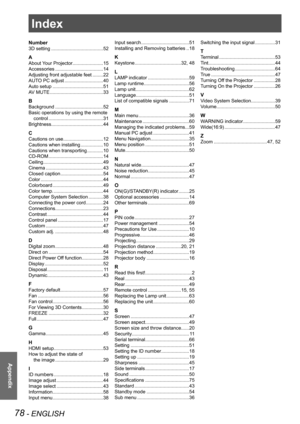 Page 7878 - ENGLISH
Appendix
 
ç
Index
Number
3D setting .......................................52
A
About Your Projector.......................15
Accessories ....................................14
Adjusting front adjustable feet ........22
AUTO PC adjust .............................40
Auto setup  ......................................51
AV MUTE ........................................33
B
Background  ....................................52
Basic operations by using the remote 
control...