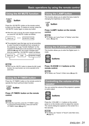 Page 31Basic operations by using the remote control
ENGLISH - 31
Basic Operation
Using the AV MUTE function
 button
Press the  button on the remote control 
to black out the image. To restore to normal, press the 
 button again or press any button. 
When the Logo is not set, the screen changes each time  z
you press the  button as follows.
The projected Logo (the logo can be set according  z
to users’ favorite) is transferred from computer to 
the projector by “Logo Transfer Software” on the 
supplied CD-ROM...