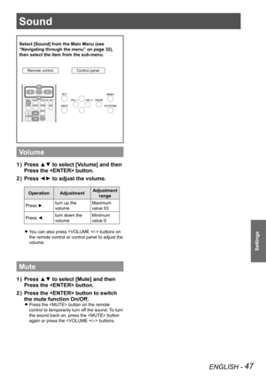 Page 47ENGLISH - 47
Settings
Sound
Select [Sound] from the Main Menu (see 
“Navigating through the menu” on page 32), 
then select the item from the sub-menu.
Remote controlControl panel
Volume
Press ▲▼ to select [Volume] and then 1 ) 
Press the  button.
Press ◄► to adjust the volume.2 ) 
OperationAdjustmentAdjustment 
range
Press ►.turn up the 
volume
Maximum 
value 63
Press ◄.turn down the 
volume
Minimum 
value 0
You can also press  buttons on  z
the remote control or control panel to adjust the 
volume....