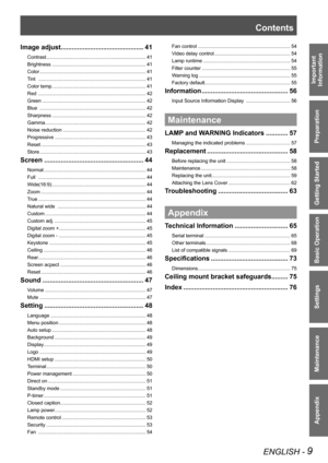 Page 9ENGLISH - 9
Important 
 
Information
Preparation
Getting Started
Basic Operation
Settings
Maintenance
Appendix
Image adjust.............................................41
Contrast ........................................................................41
Brightness  ....................................................................41
Color ...........................................................................\
..41
Tint...