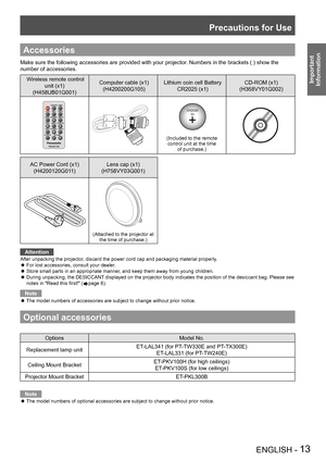 Page 13Precautions for Use
ENGLISH - 13
Important 
 
Information
Accessories
Make sure the following accessories are provided with your projector. Numbers in the brackets ( ) show the 
number of accessories.
 Wireless remote control 
unit (x1)
(H458UB01G001)
Computer cable (x1)
(H4200200G105)
Lithium coin cell Battery
CR2025 (x1)
CD-ROM (x1)
(H368VY01G002)
CR2025
3V
(Included to the remotecontrol unit at the timeof purchase.)
AC Power Cord (x1)
(H4200120G011)
Lens cap (x1)
(H758VY03G001)
(Attached to the...