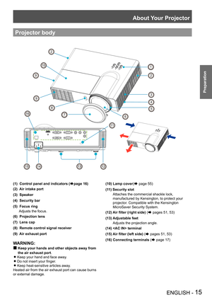 Page 15About Your Projector
ENGLISH - 15
Preparation
Projector body
3
2
2
1
121212124
121212125
12121210
1212121212121213
12121211
121212128
121212129
121212129
7121212126
1212121412121215
12121216
(1)  Control panel and indicators (Æpage 16)
(2)  Air intake port
(3)  Speaker
(4)  Security bar
(5)  Focus ring
  Adjusts the focus.
(6)  Projection lens
(7)  Lens cap
(8)  Remote control signal receiver
(9)  Air exhaust port
WARNING: 
„  Keep your hands and other objects away from 
the air exhaust port.
Keep...