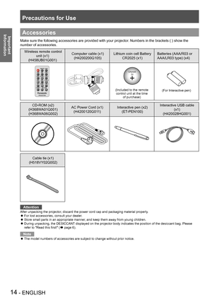 Page 14Precautions for Use
14 - ENGLISH
Important 
 
InformationAccessories
Make sure the following accessories are provided with your projector. Numbers in the brackets ( ) show the 
number of accessories.
 Wireless remote control 
unit (x1)
(H458UB01G001)
Computer cable (x1)
(H4200200G105)
Lithium coin cell Battery
CR2025 (x1)
Batteries (AAA/R03 or 
AAA/LR03 type) (x4)
CR2025
3V
(Included to the remotecontrol unit at the timeof purchase)
(For Interactive pen)
CD-ROM (x2)
(H368WA01G001)
(H368WA06G002)
AC Power...