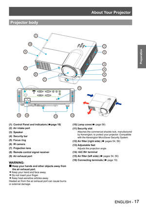 Page 17About Your Projector
ENGLISH - 17
Preparation
Projector body
2
2
1
121212123
121212124
121212125
121212126
12121211
12121213121212141212121512121212
12121216
9
121212129
12121210
8
7
(1)  Control Panel and indicators (Æpage 18)
(2)  Air intake port
(3)  Speaker
(4)  Security bar
(5)  Focus ring
(6)  IR camera
(7)  Projection lens
(8)  Remote control signal receiver
(9)  Air exhaust port
WARNING: 
„  Keep your hands and other objects away from 
the air exhaust port.
Keep your hand and face away. z
Do...