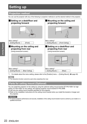 Page 22Setting up
22 - ENGLISH
Getting Started
Setting up
Projection method
You can use the projector with any of the following 4 projection methods \
to set the desired method in the projector.
 JSetting on a desk/floor and  
projecting forward
Mounting on the ceiling and   J
projecting forward
Menu setting*1
[Ceiling Mount][Front]
Menu setting*1
[Ceiling Mount][Front Ceiling]
 JMounting on the ceiling and  
projecting from rear
(Using translucent screen)
 JSetting on a desk/floor and  
projecting from rear...