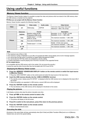 Page 79ENGLISH - 79
Using useful functions
Memory Viewer function
The Memory Viewer function makes it is possible to project the video and pictures wh\
ich are stored in the USB memory when 
the USB memory is inserted into the projector.
 rWhat you can project with the Memory Viewer function
Memory Viewer function supports the following image files.
Video
ExtensionVideo codecAudio codecVideo format
aviMotionJpegADPCMYUV 4:4:4, YUV 4:2:2, YUV 4:2:0
Maximum: 1 280 x 720, 30 fps
Picture
ExtensionFormatDescription...
