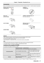 Page 17ENGLISH - 17
Accessories
Make sure the following accessories are provided with your projector. Numbers enclosed < > show the number of accessories.
Wireless remote control unit 
(N2QAYA000110) 
CD-ROM 
(TXFQB02VHNZ)
Power cord
(K2CG3YY00185)
AAA/R03 or AAA/LR03 battery 
(for remote control unit)
(K2CT3YY00080)RGB signal cable 
(K1HY15YY0012)
(K2CM3YY00040)
Attention
 fAfter unpacking the projector, discard the power cord cap and packaging material properly.
 fDo not use the supplied power cord for...