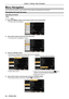 Page 4444 - ENGLISH
Menu Navigation
The on-screen menu (Menu) is used to perform various settings and adjustments of the projector.
Navigating through the menu
Operating procedure
 
button
1) Press the  button on the remote control or the control panel.
 fThe main menu screen appears.
2) Press as to select an item from the main menu.
 fThe selected item is highlighted in orange.
3) Press the  button.
 fThe submenu is displayed, and submenu items become selectable.
(there is no lower menu under the...