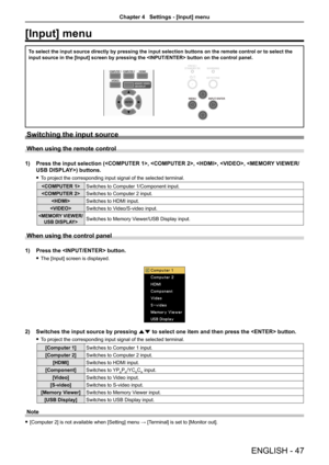 Page 47ENGLISH - 47
[Input] menu
To select the input source directly by pressing the input selection butto\
ns on the remote control or to select the 
input source in the [Input] screen by pressing the  button \
on the control panel.
Switching the input source
When using the remote control
1) Press the input selection (, , , ,\
 ) buttons. 
 fTo project the corresponding input signal of the selected terminal.
Switches to Computer 1/Component input.
Switches to Computer 2 input.
Switches to HDMI input.
Switches...