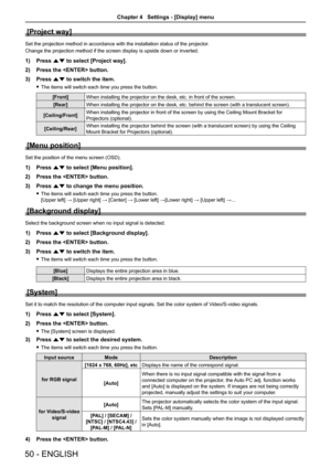 Page 5050 - ENGLISH
[Project way]
Set the projection method in accordance with the installation status of \
the projector.
Change the projection method if the screen display is upside down or inverted.
1) Press as to select [Project way]. 
2) Press the  button.
3) Press as to switch the item.
 fThe items will switch each time you press the button.
[Front]When installing the projector on the desk, etc. in front of the screen.
[Rear]When installing the projector on the desk, etc. behind the screen (with a...