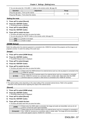 Page 57ENGLISH - 57
 fYou can also press the  button on the remote control. (x page 40)
OperationAdjustmentRange
Press the a button.Turns up the volume.0 ~ +25Press the s button.Turns down the volume.
Setting the mute
1) Press as to select [Sound].
2) Press the  button.
 fThe [Sound] screen is displayed.
3) Press as to select [Mute].
4) Press the  button.
5) Press as to switch the item.
 fThe items will switch each time you press the button.
 fYou can also press the  button on the remote control. (x page 40)...