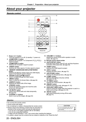 Page 2020 - ENGLISH
About your projector
Remote control
1
2
3
4
5
6
7 8
9
10
12 13
14
15
16
17
18 19 20
21
11
22
1  Power  button
Turns the projector on or off. (v standby / b power on)
2   button
Switches the Computer 1 or Component (YC
BCR/YPBPR) 
signal to project.
3   button
Switches the Computer 2 signal to project.
4   button
Switches the Video signal or S-video signal to project.
5   
button
Switches the Memory Viewer signal, the USB Display 
signal or the Network signal to project.
6   button/ asqw...