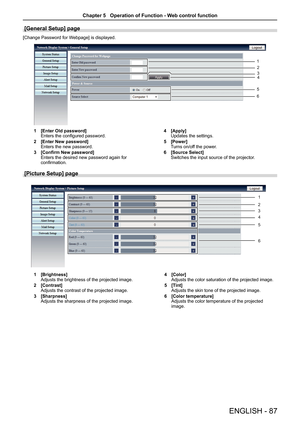 Page 87ENGLISH - 87
[General Setup] page
[Change Password for Webpage] is displayed.
1 [Enter Old password]
Enters the configured password.
2  [Enter New password]
Enters the new password.
3  [Confirm New password]
Enters the desired new password again for 
confirmation. 4 
[Apply]
Updates the settings.
5  [Power]
Turns on/off the power.  
6  [Source Select]
Switches the input source of the projector.
[Picture Setup] page
1 [Brightness]
Adjusts the brightness of the projected image.
2  [Contrast]
Adjusts the...